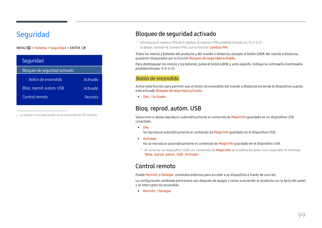 Samsung LH75OHFPLBC/EN manual Seguridad, Bloqueo de seguridad activado, Bloq. reprod. autom. USB, Control remoto 