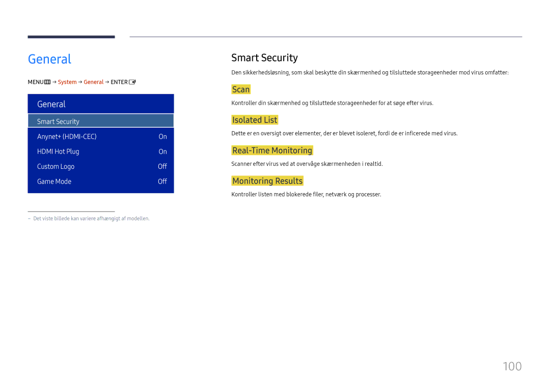 Samsung LH75OHFPLBC/EN manual General, 100, Smart Security 