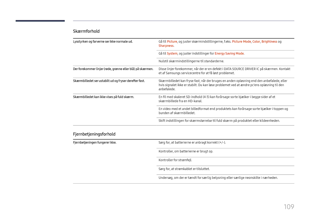 Samsung LH75OHFPLBC/EN manual 109, Fjernbetjeningsforhold, Sharpness 