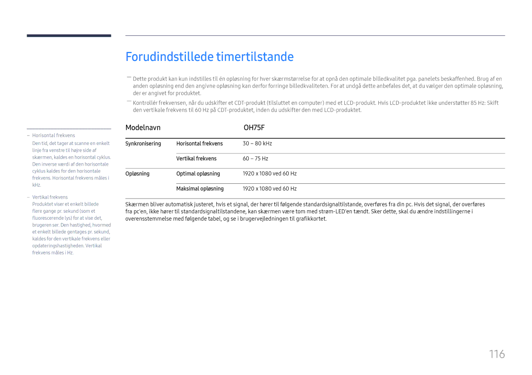 Samsung LH75OHFPLBC/EN manual Forudindstillede timertilstande, 116 