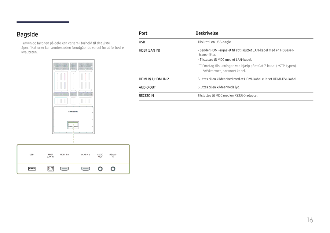 Samsung LH75OHFPLBC/EN manual Bagside, Hdbt LAN 