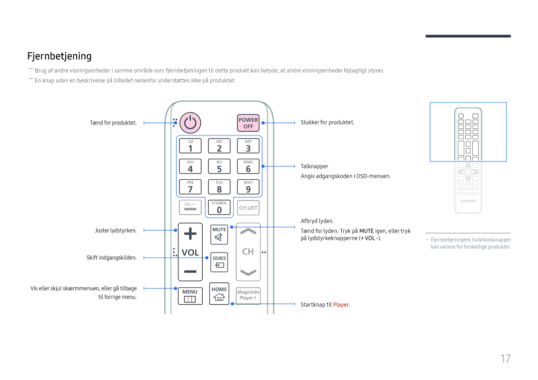 Samsung LH75OHFPLBC/EN manual Fjernbetjening, Vol 