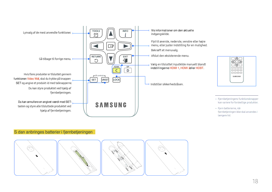 Samsung LH75OHFPLBC/EN manual Sådan anbringes batterier i fjernbetjeningen, C D 