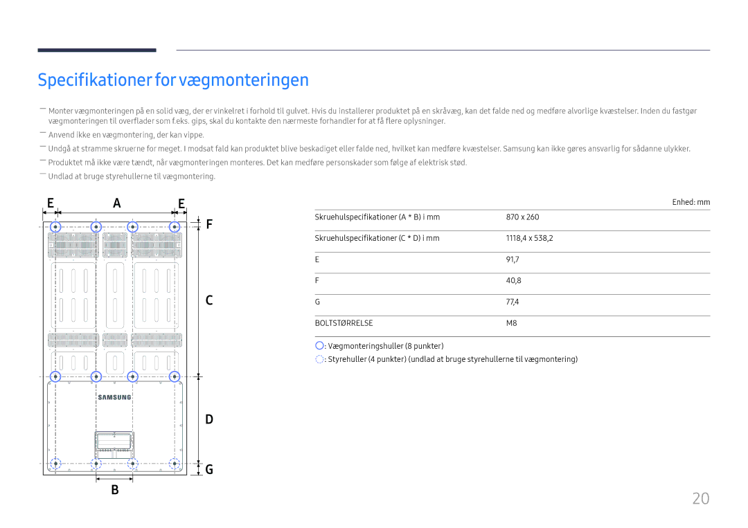 Samsung LH75OHFPLBC/EN manual Specifikationer forvægmonteringen, Boltstørrelse 