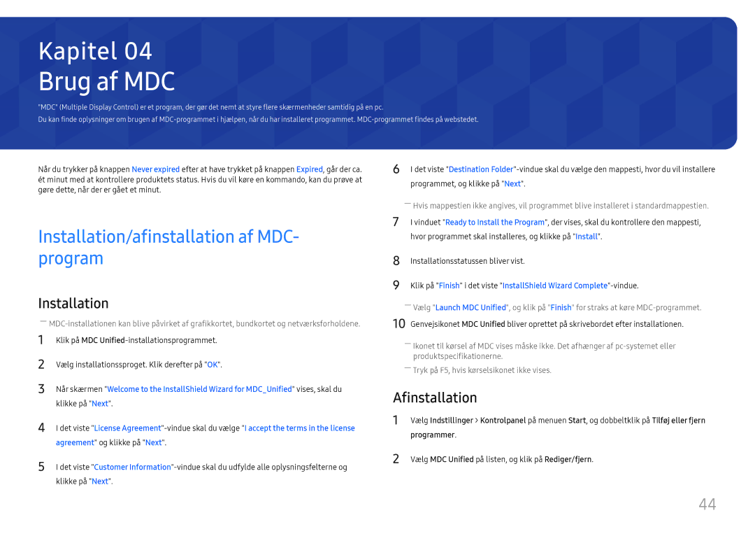 Samsung LH75OHFPLBC/EN manual Brug af MDC, Installation/afinstallation af MDC- program, Afinstallation, Programmer 