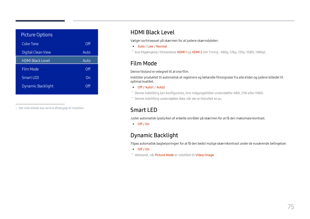 Samsung LH75OHFPLBC/EN manual Hdmi Black Level, Film Mode, Smart LED, Dynamic Backlight 