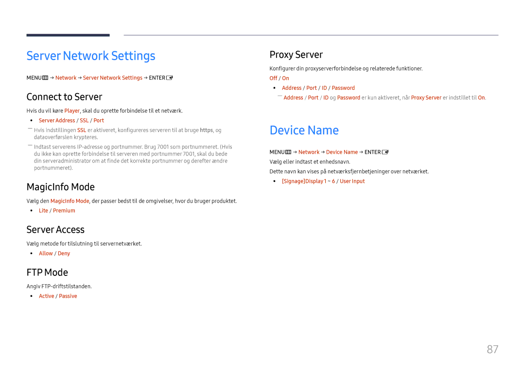 Samsung LH75OHFPLBC/EN manual Server Network Settings, Device Name 