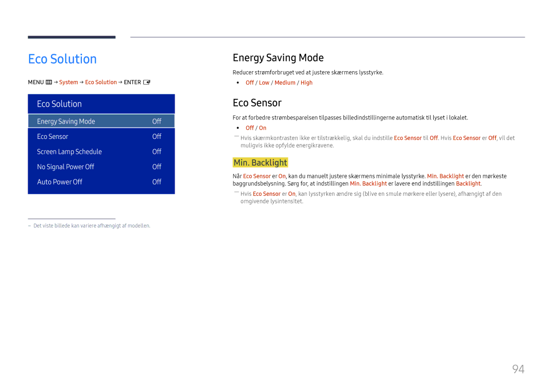 Samsung LH75OHFPLBC/EN manual Eco Solution, Energy Saving Mode, Eco Sensor, Min. Backlight 