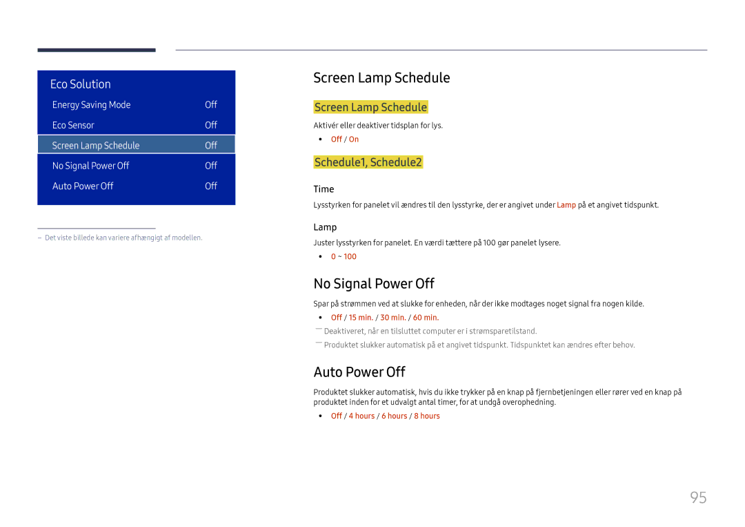 Samsung LH75OHFPLBC/EN manual Screen Lamp Schedule, No Signal Power Off, Auto Power Off, Schedule1, Schedule2 