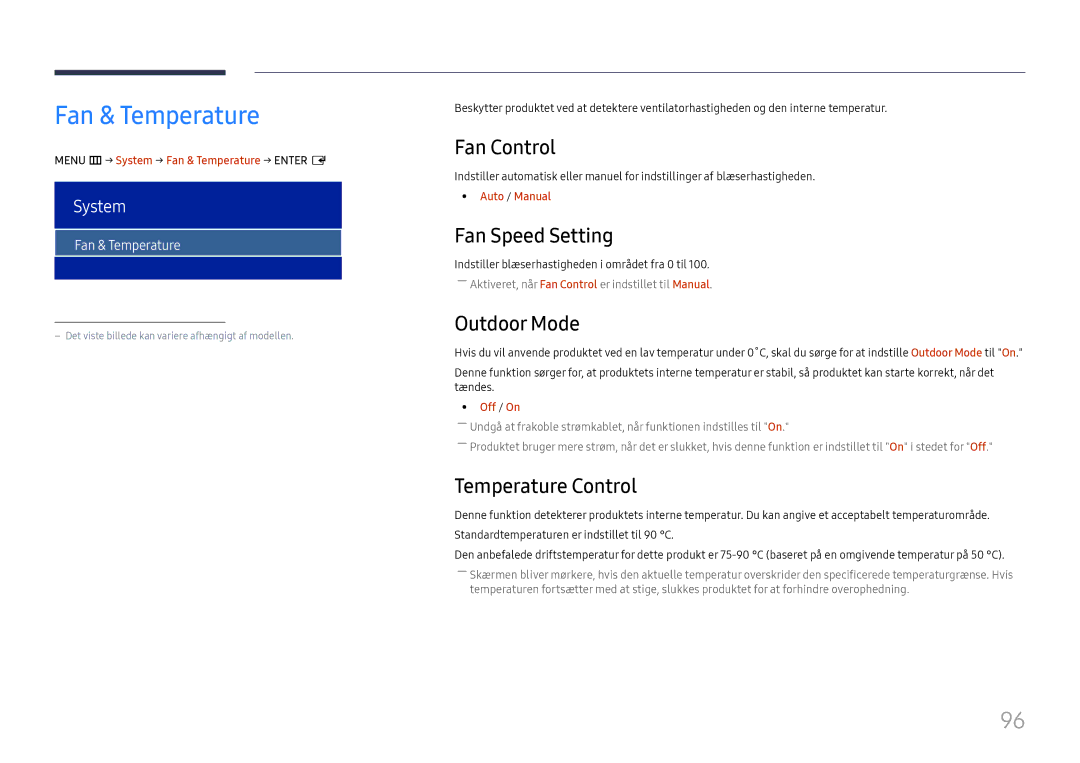 Samsung LH75OHFPLBC/EN manual Fan & Temperature, Fan Control, Fan Speed Setting, Outdoor Mode, Temperature Control 