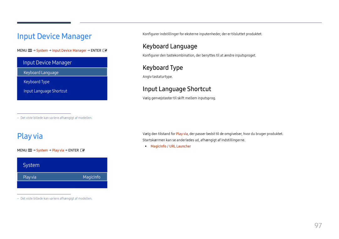 Samsung LH75OHFPLBC/EN manual Input Device Manager, Play via, Keyboard Language, Keyboard Type, Input Language Shortcut 