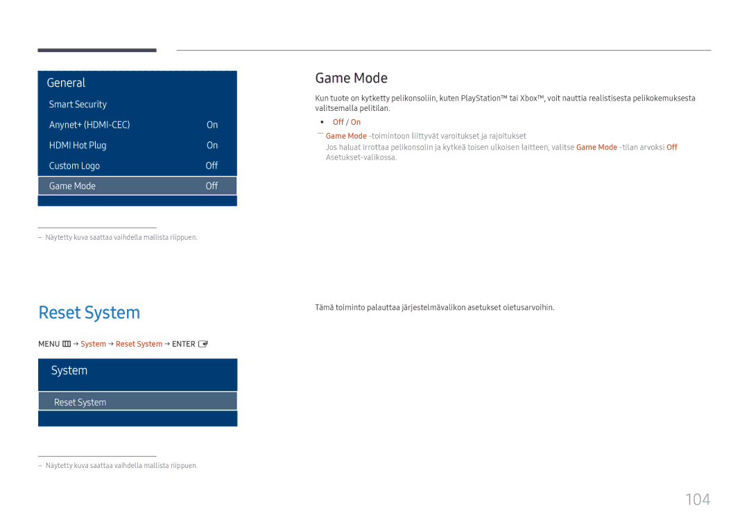 Samsung LH75OHFPLBC/EN manual 104, Game Mode, Menu m → System → Reset System → Enter E 