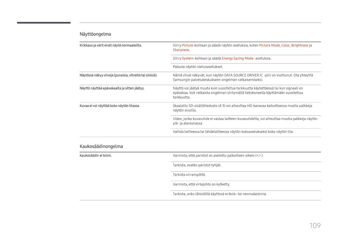 Samsung LH75OHFPLBC/EN manual 109, Kaukosäädinongelma, Sharpness 