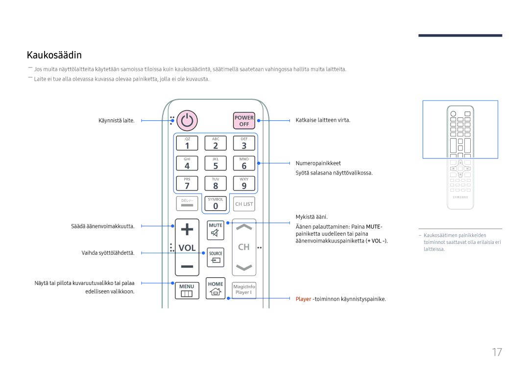 Samsung LH75OHFPLBC/EN manual Kaukosäädin, Player -toiminnon käynnistyspainike 