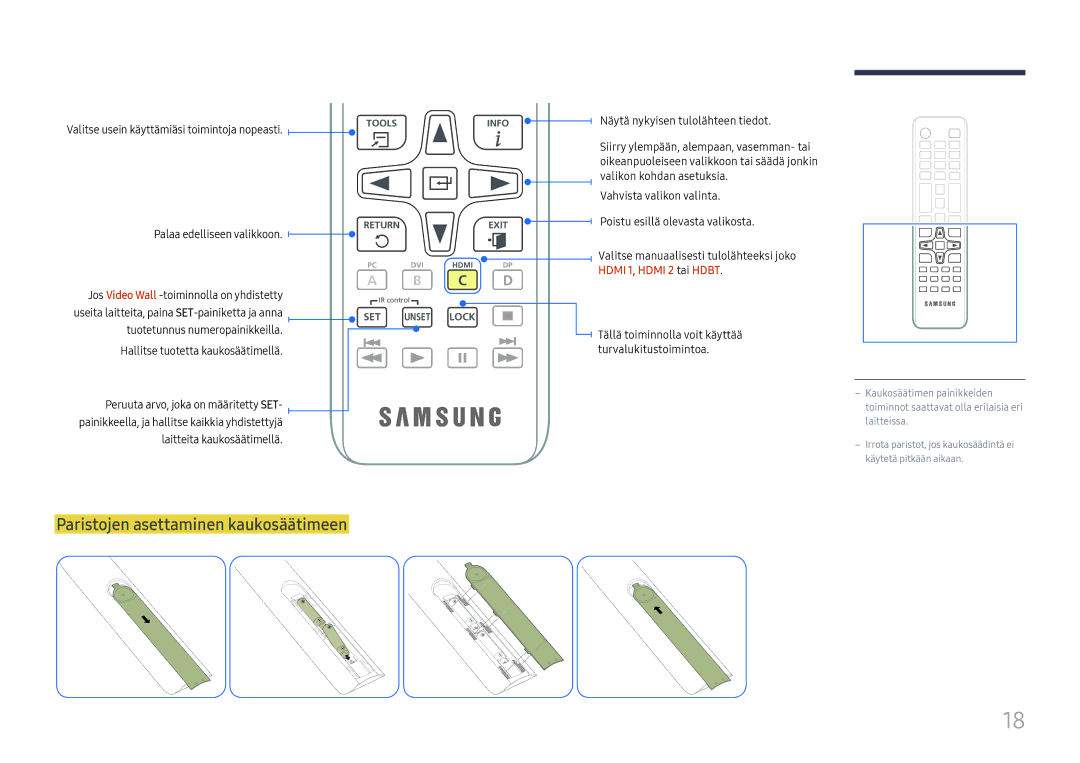 Samsung LH75OHFPLBC/EN manual Paristojen asettaminen kaukosäätimeen, Hdmi 1, Hdmi 2 tai Hdbt 