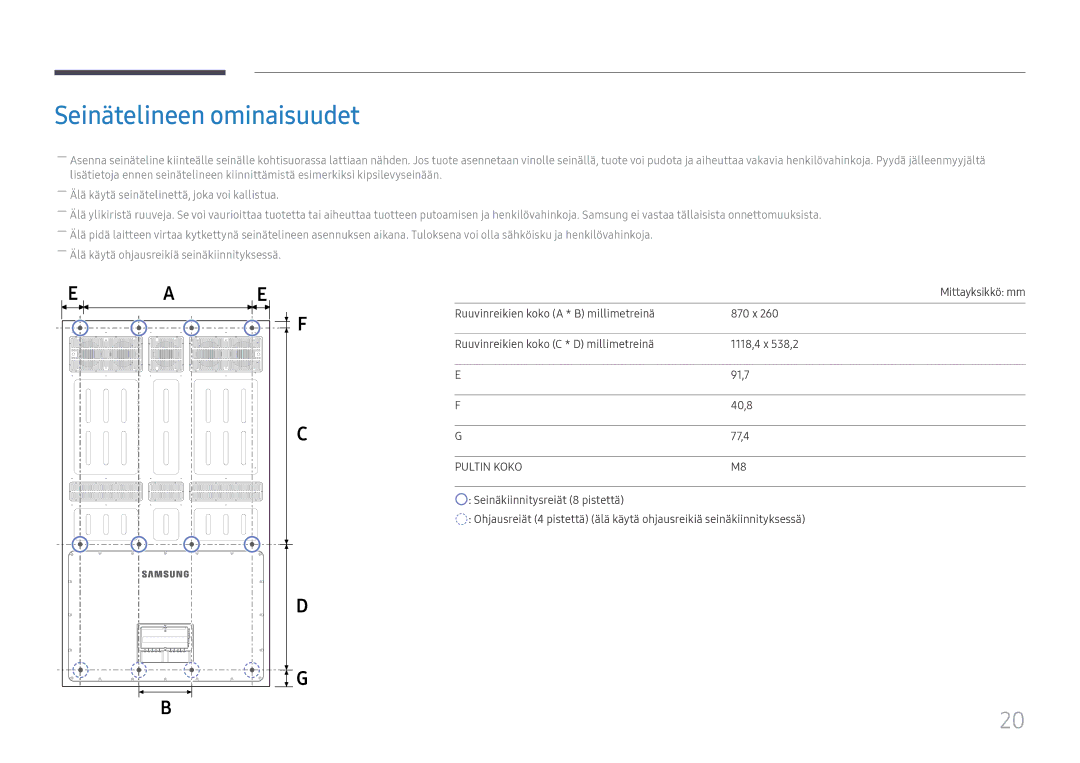 Samsung LH75OHFPLBC/EN manual Seinätelineen ominaisuudet, Pultin Koko 