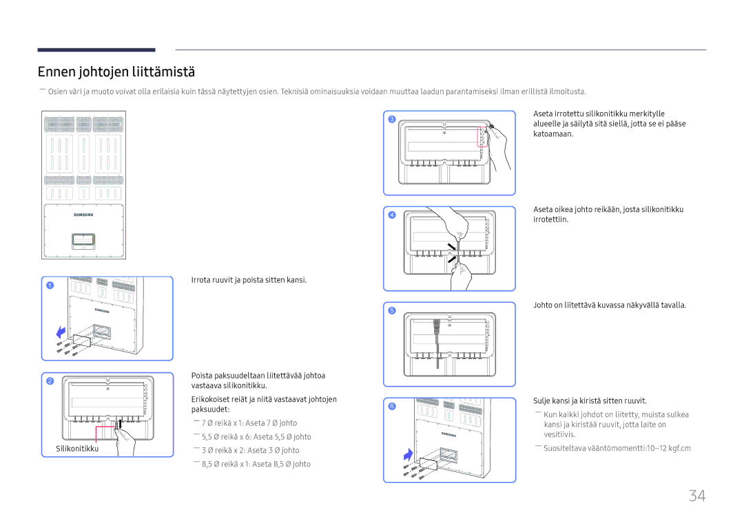 Samsung LH75OHFPLBC/EN manual Ennen johtojen liittämistä, Aseta irrotettu silikonitikku merkitylle, Katoamaan 