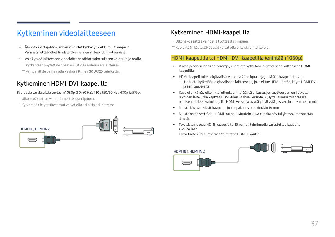 Samsung LH75OHFPLBC/EN manual Kytkeminen videolaitteeseen, Kytkeminen HDMI-DVI-kaapelilla 