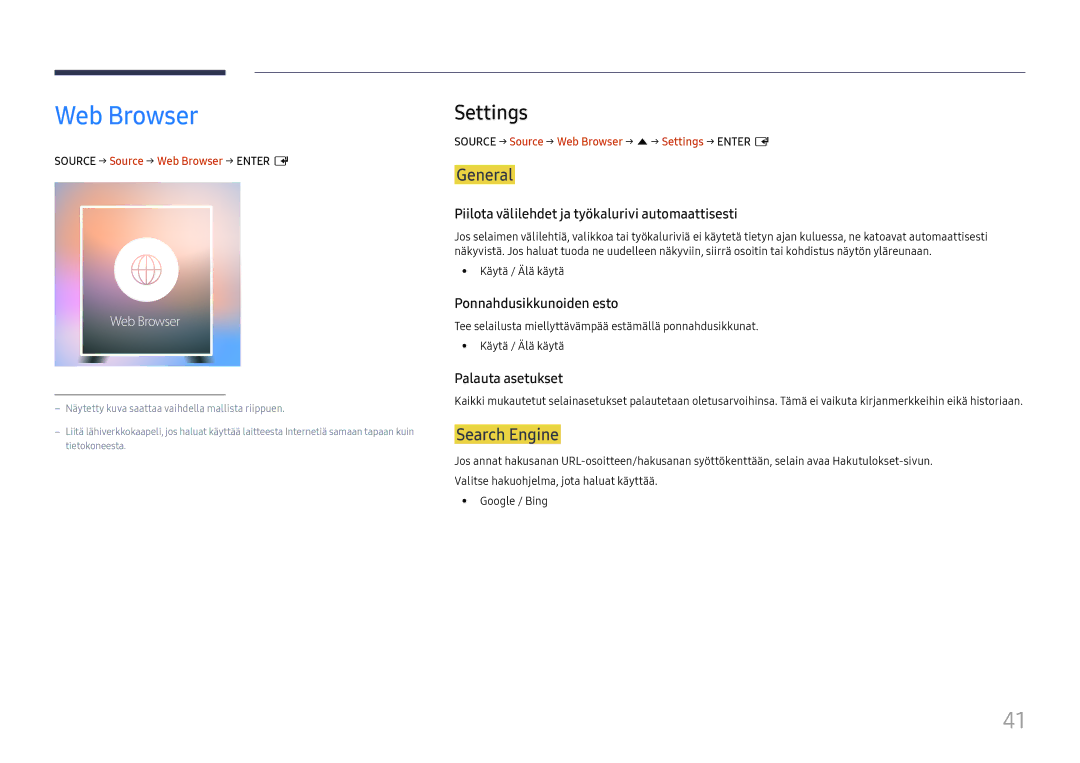 Samsung LH75OHFPLBC/EN manual Web Browser, Settings, General, Search Engine 