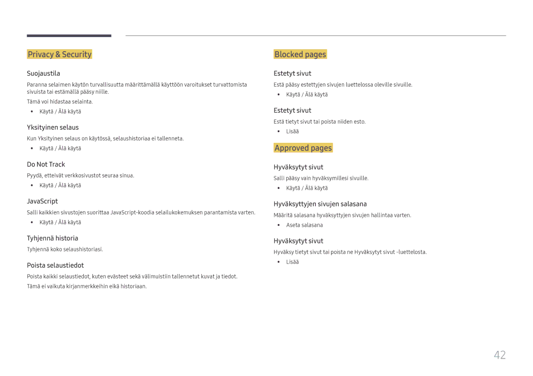 Samsung LH75OHFPLBC/EN manual Privacy & Security, Blocked pages, Approved pages 