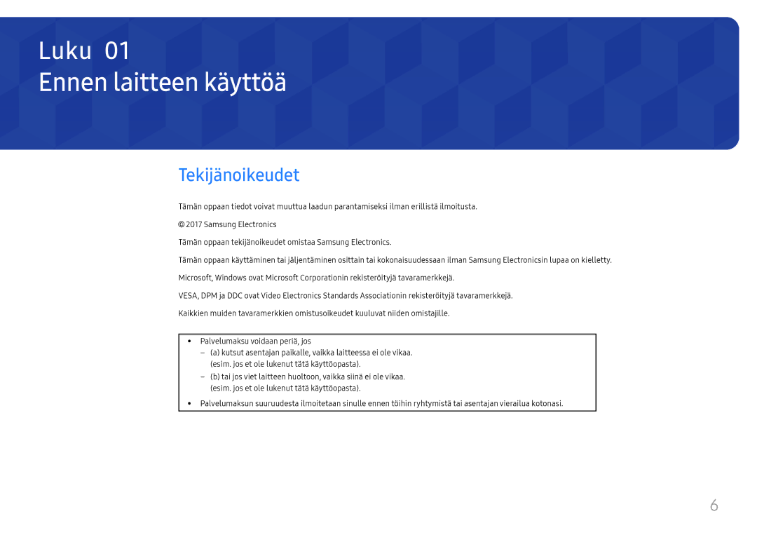 Samsung LH75OHFPLBC/EN manual Ennen laitteen käyttöä, Tekijänoikeudet 