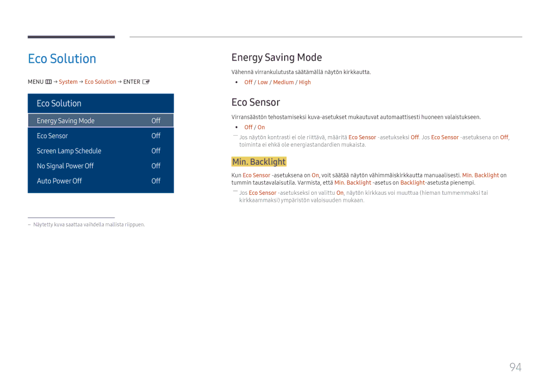 Samsung LH75OHFPLBC/EN manual Eco Solution, Energy Saving Mode, Eco Sensor, Min. Backlight 