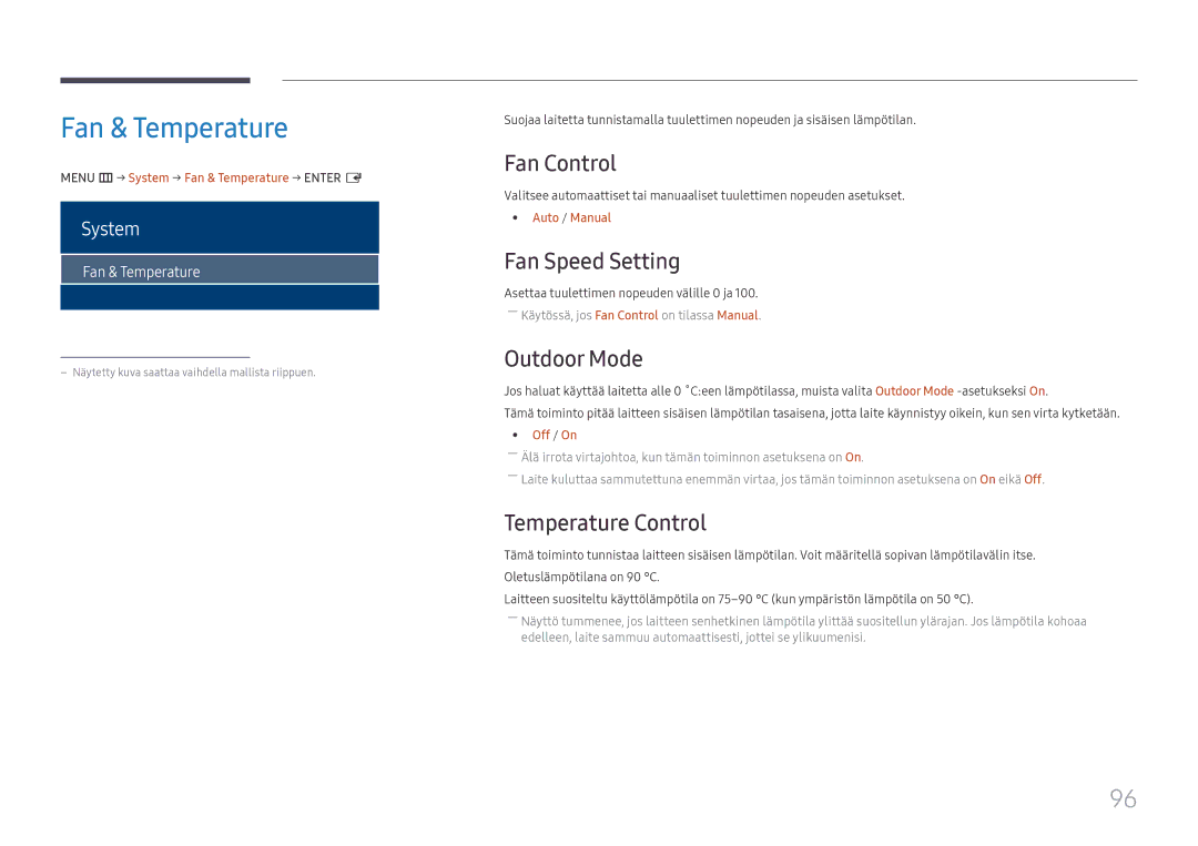 Samsung LH75OHFPLBC/EN manual Fan & Temperature, Fan Control, Fan Speed Setting, Outdoor Mode, Temperature Control 