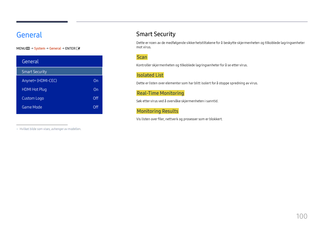 Samsung LH75OHFPLBC/EN manual General, 100, Smart Security 