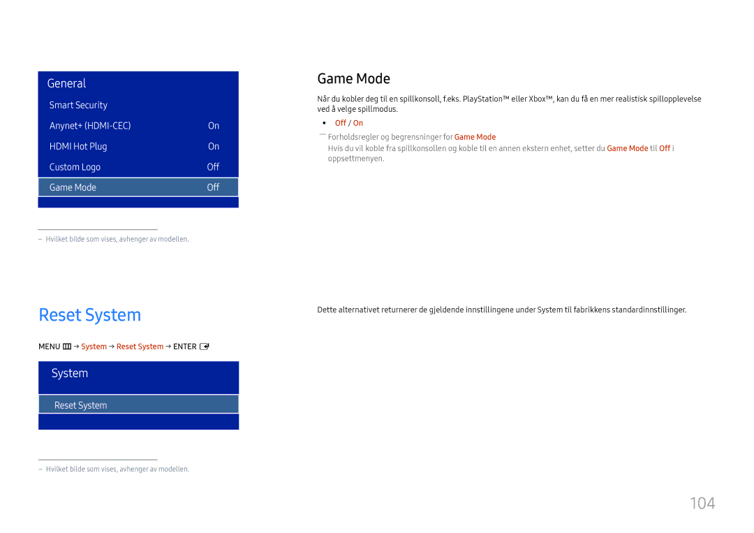 Samsung LH75OHFPLBC/EN manual 104, Game Mode, Menu m → System → Reset System → Enter E 