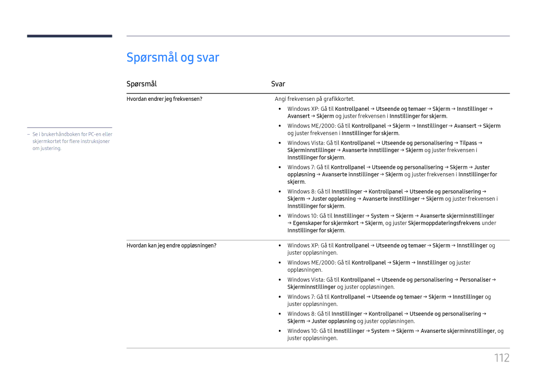 Samsung LH75OHFPLBC/EN manual Spørsmål og svar, 112, Spørsmål Svar 