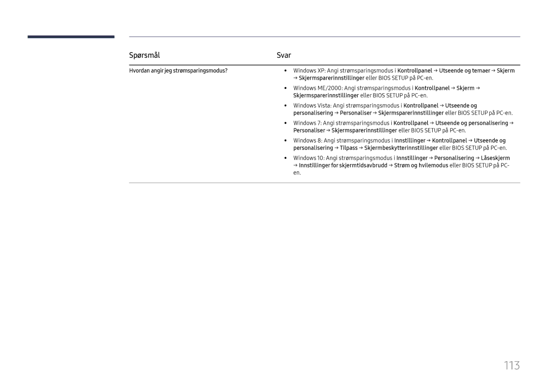 Samsung LH75OHFPLBC/EN 113, Hvordan angir jeg strømsparingsmodus?, Skjermsparerinnstillinger eller Bios Setup på PC-en 