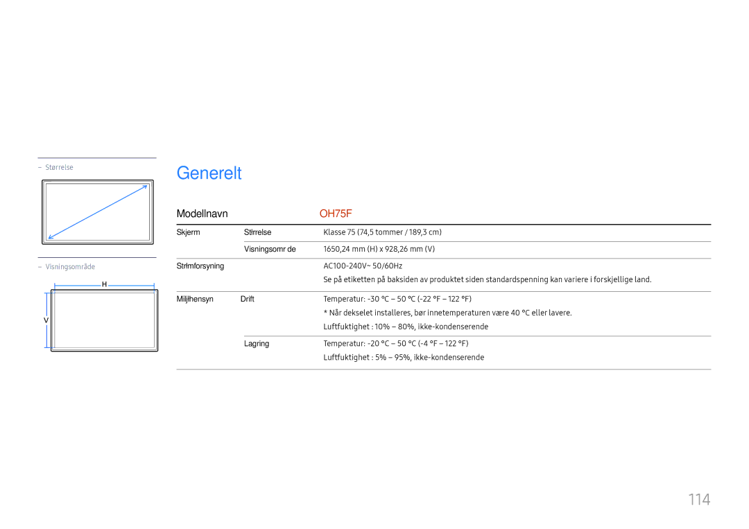 Samsung LH75OHFPLBC/EN manual Spesifikasjoner, 114, Modellnavn 