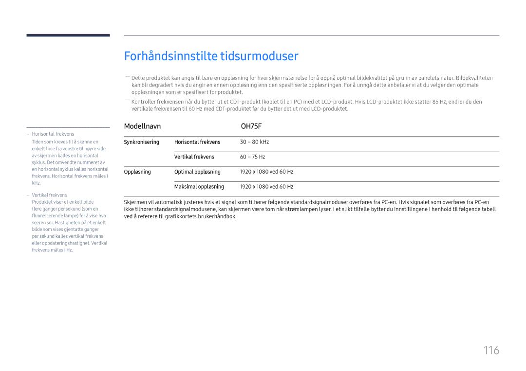 Samsung LH75OHFPLBC/EN manual Forhåndsinnstilte tidsurmoduser, 116 