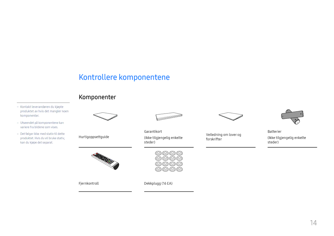 Samsung LH75OHFPLBC/EN manual Forberedelser, Kontrollere komponentene, Komponenter 