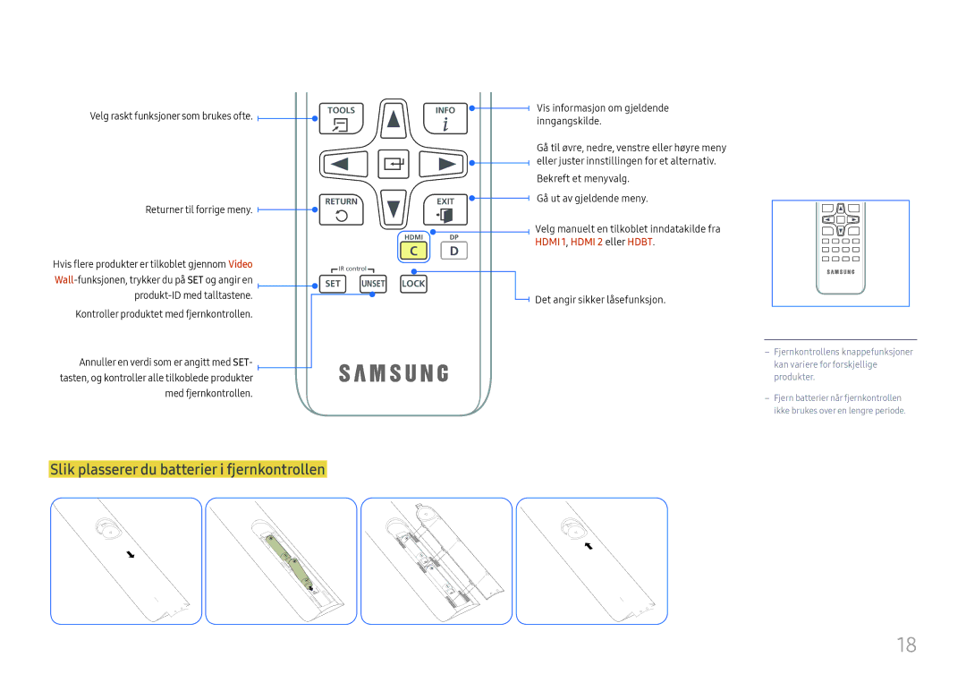 Samsung LH75OHFPLBC/EN manual Slik plasserer du batterier i fjernkontrollen, Hdmi 1, Hdmi 2 eller Hdbt 