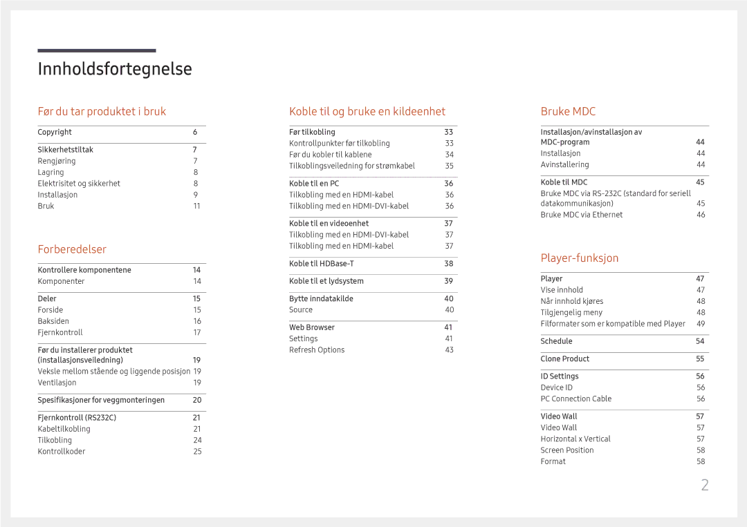 Samsung LH75OHFPLBC/EN manual Innholdsfortegnelse 