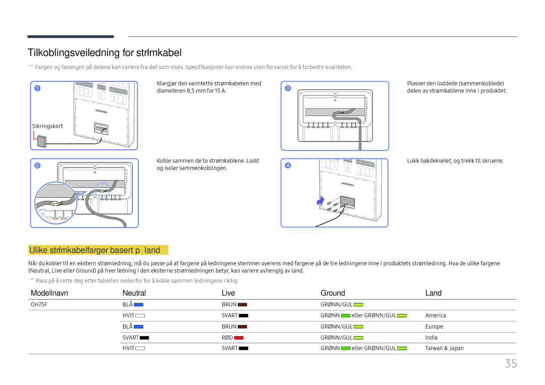 Samsung LH75OHFPLBC/EN manual Tilkoblingsveiledning for strømkabel, Ulike strømkabelfarger basert på land 