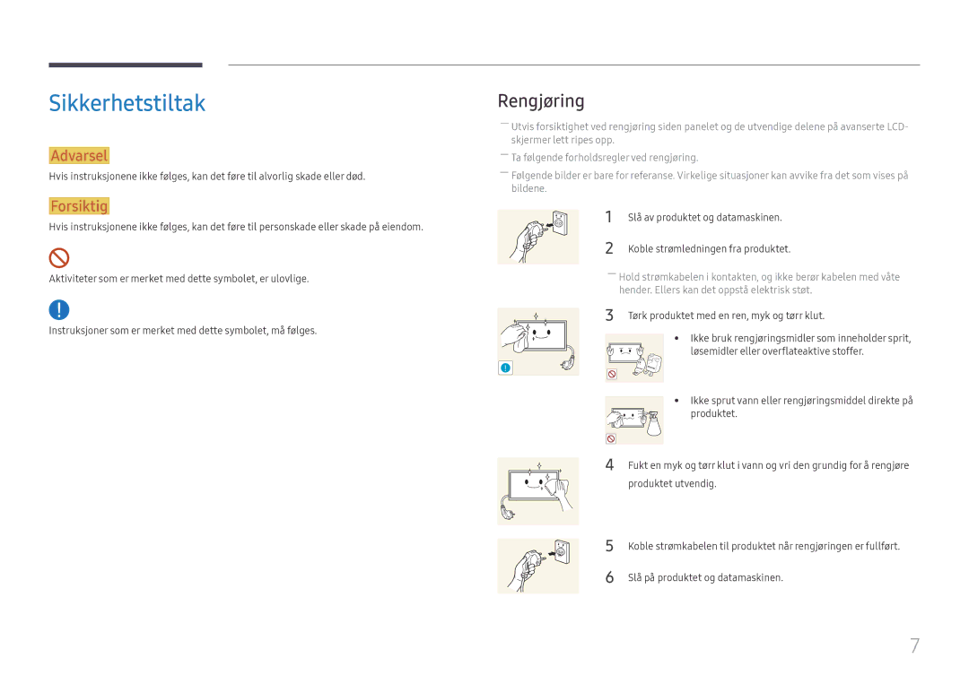 Samsung LH75OHFPLBC/EN manual Sikkerhetstiltak, Rengjøring, Slå på produktet og datamaskinen 