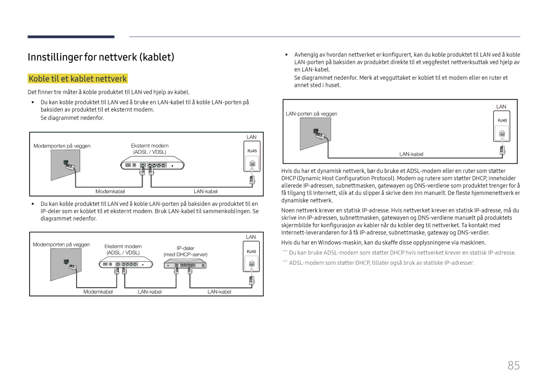 Samsung LH75OHFPLBC/EN manual Innstillinger for nettverk kablet, Koble til et kablet nettverk 