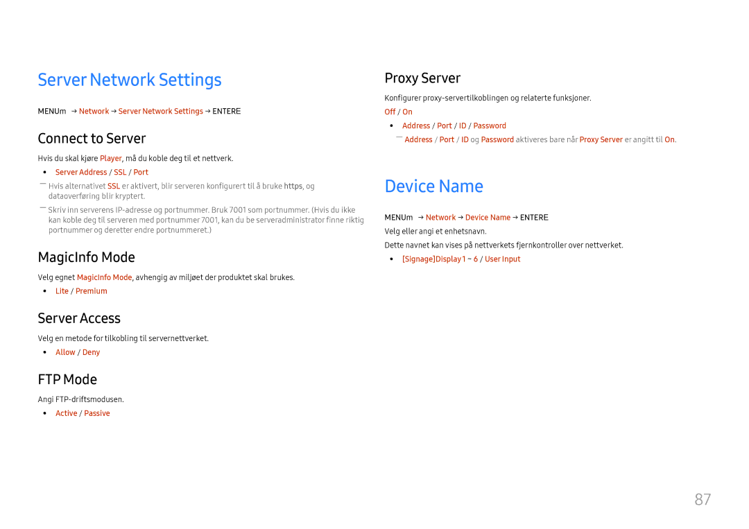 Samsung LH75OHFPLBC/EN manual Server Network Settings, Device Name 