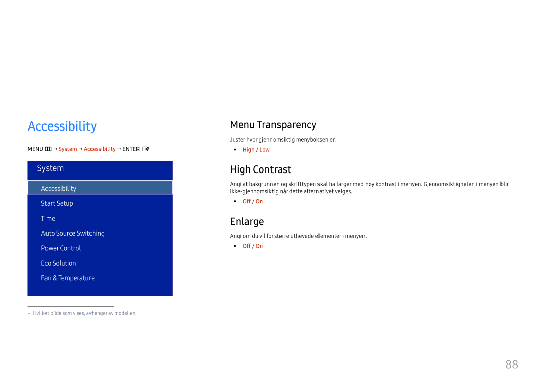 Samsung LH75OHFPLBC/EN manual System, Accessibility, Menu Transparency, High Contrast, Enlarge 