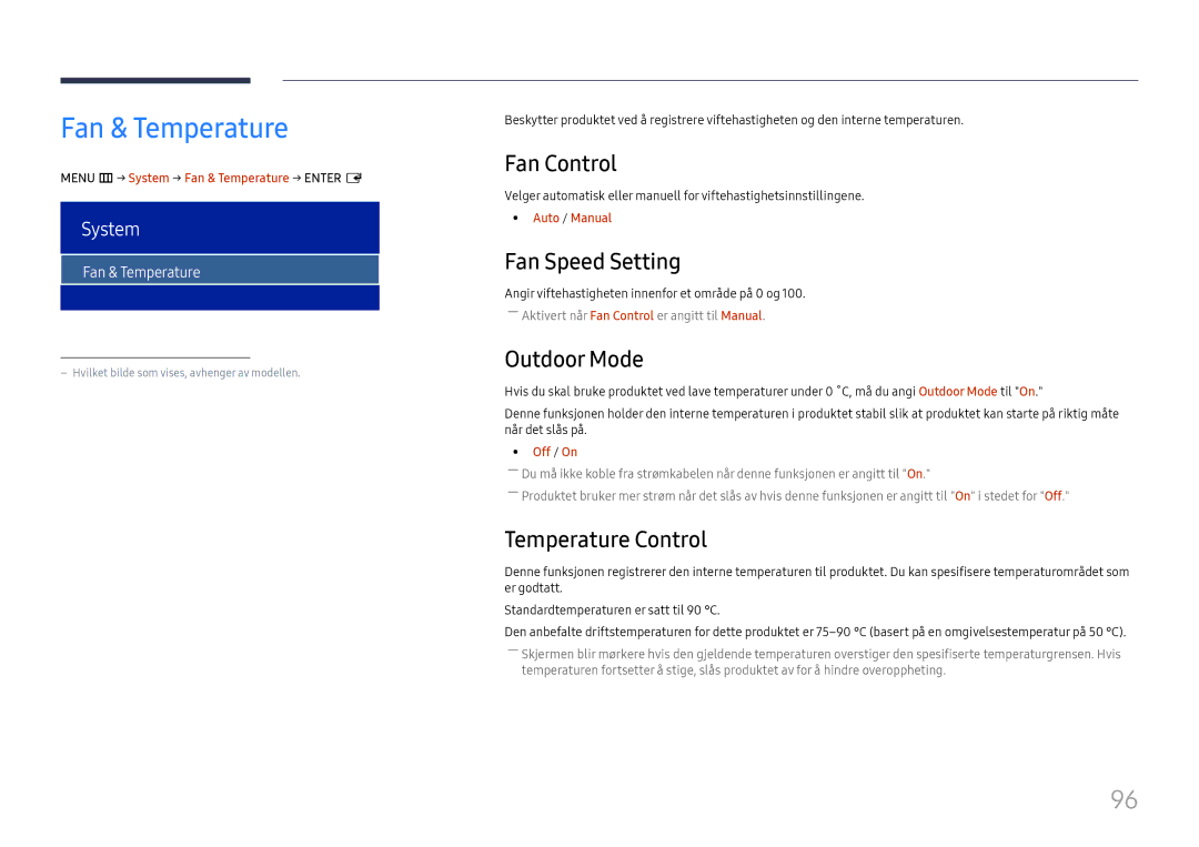 Samsung LH75OHFPLBC/EN manual Fan & Temperature, Fan Control, Fan Speed Setting, Outdoor Mode, Temperature Control 