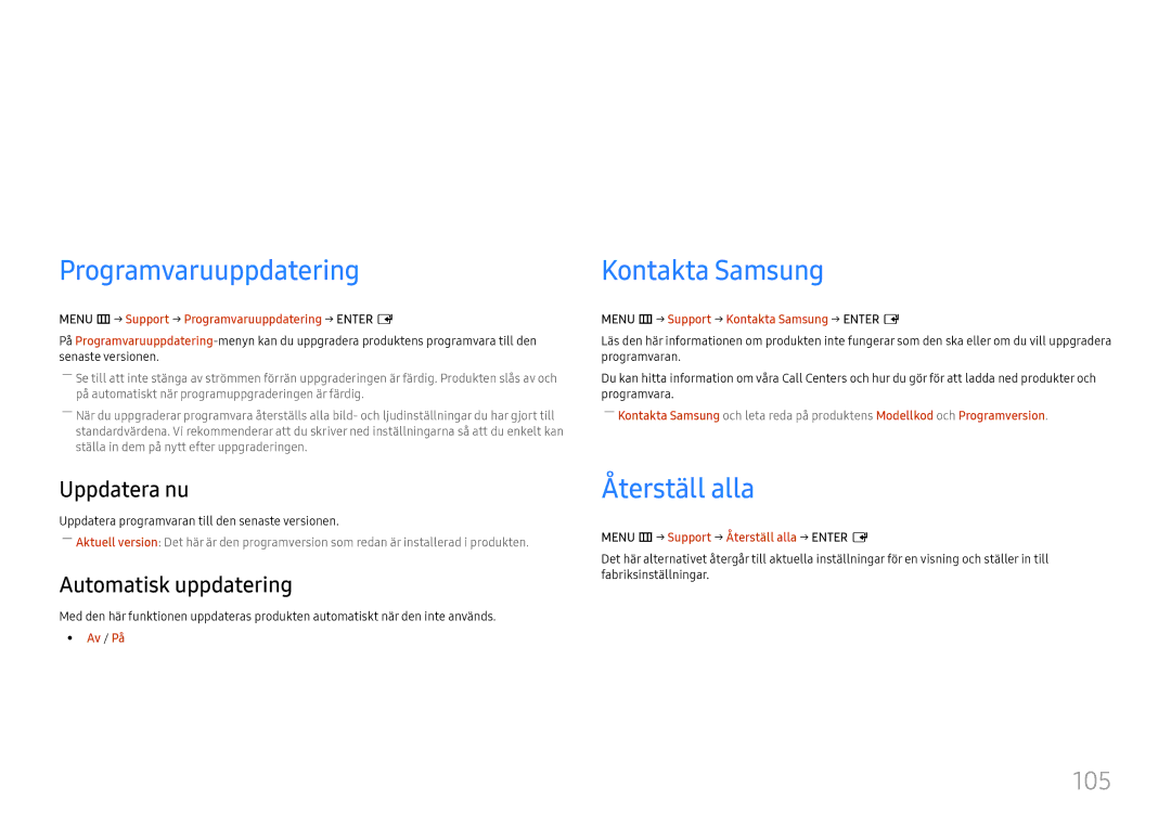 Samsung LH75OHFPLBC/EN manual Support, Programvaruuppdatering, Kontakta Samsung, Återställ alla, 105 