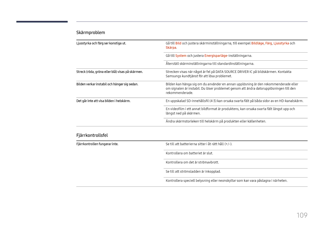 Samsung LH75OHFPLBC/EN manual 109, Fjärrkontrollsfel, Skärpa 