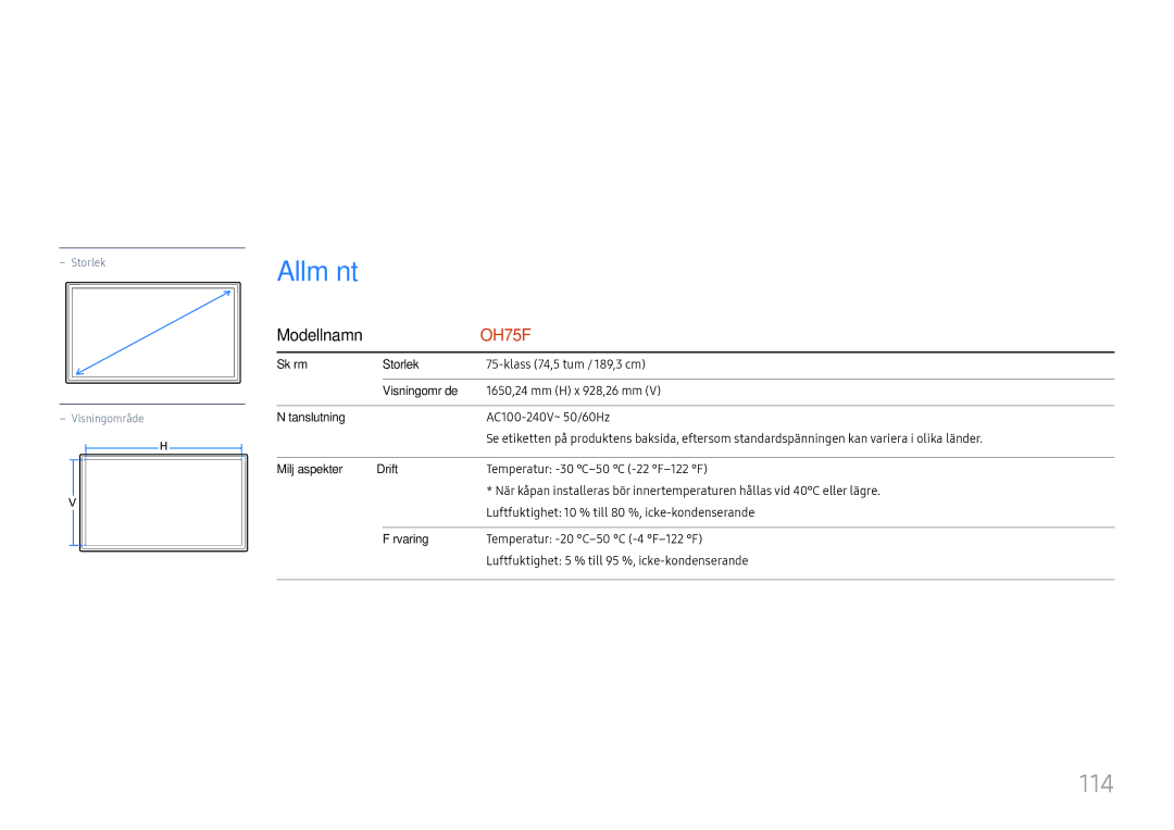 Samsung LH75OHFPLBC/EN manual Specifikationer, 114, Modellnamn 