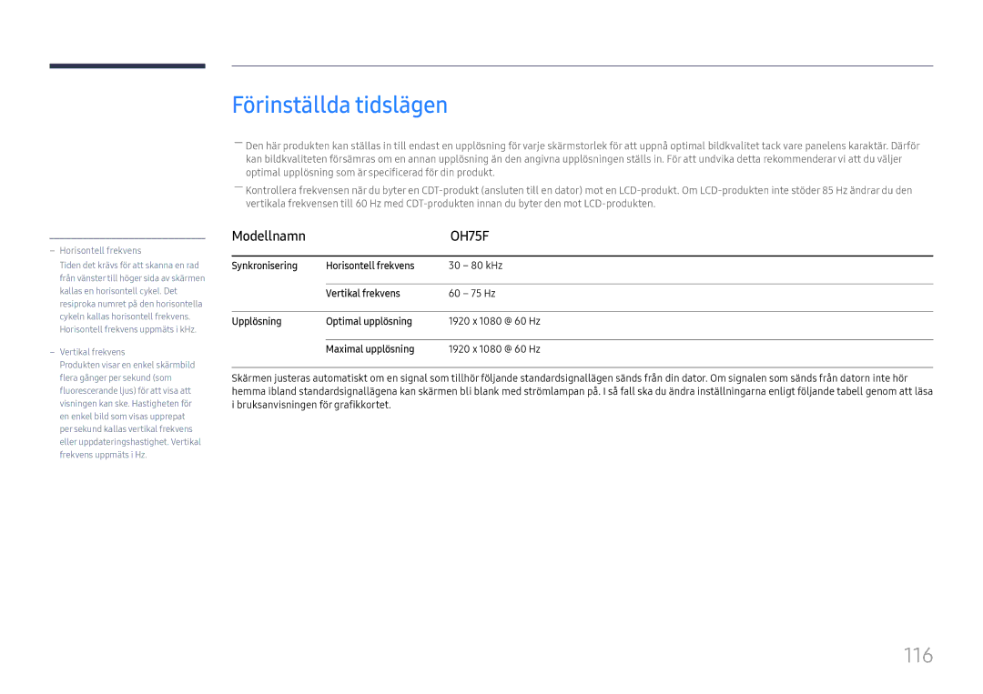 Samsung LH75OHFPLBC/EN manual Förinställda tidslägen, 116 