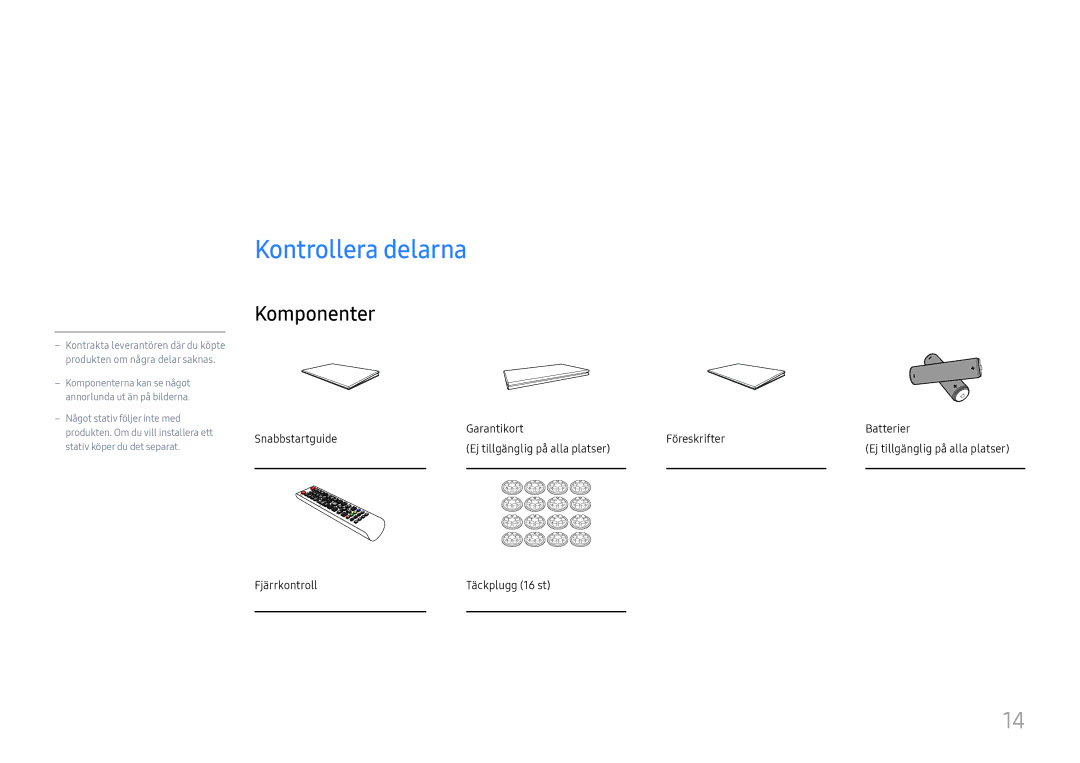 Samsung LH75OHFPLBC/EN manual Förberedelser, Kontrollera delarna, Komponenter 