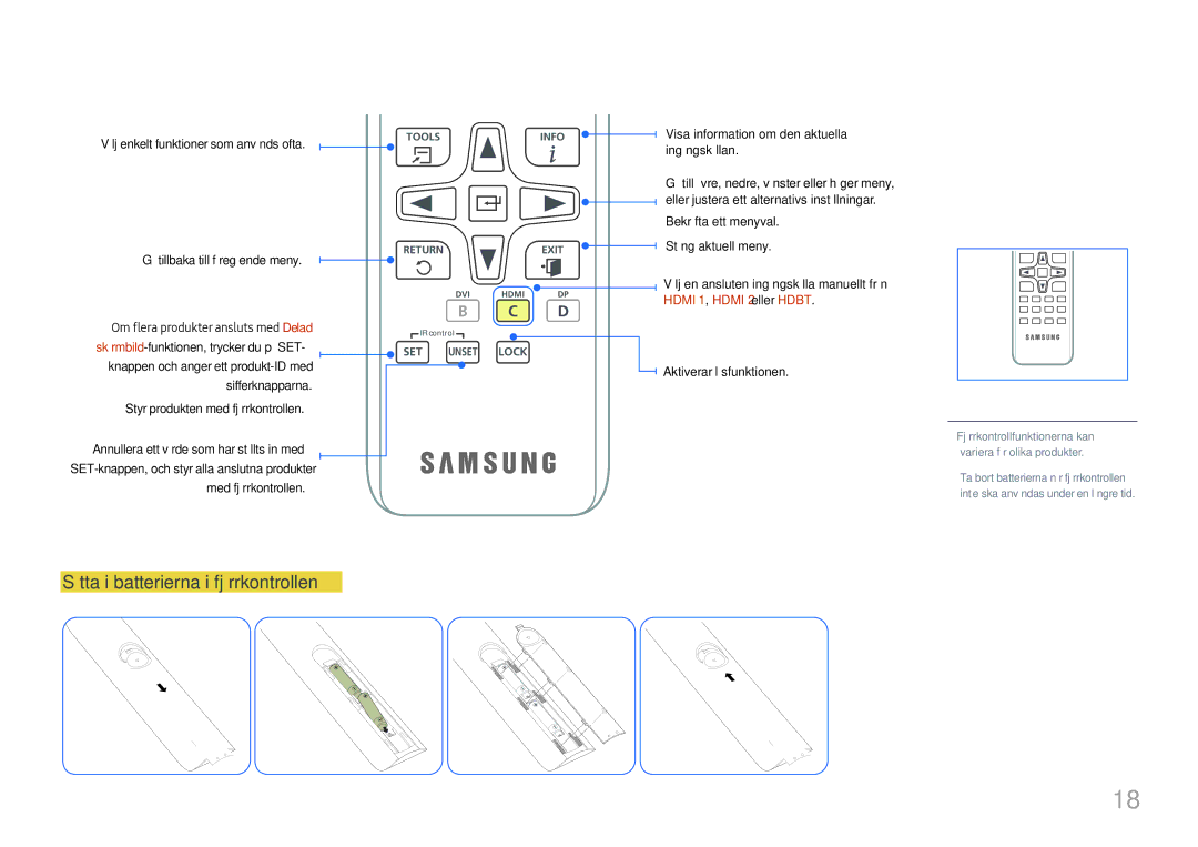 Samsung LH75OHFPLBC/EN manual Sätta i batterierna i fjärrkontrollen, Hdmi 1, Hdmi 2 eller Hdbt 