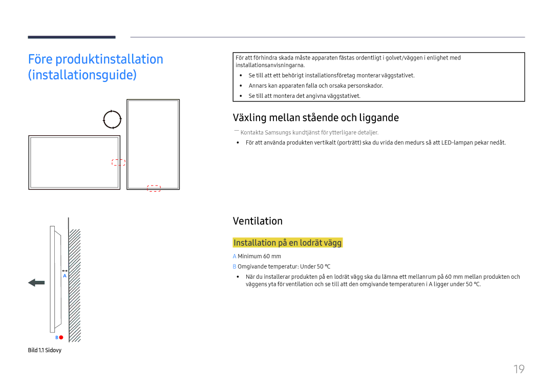 Samsung LH75OHFPLBC/EN Växling mellan stående och liggande, Ventilation, Installation på en lodrät vägg, Bild 1.1 Sidovy 