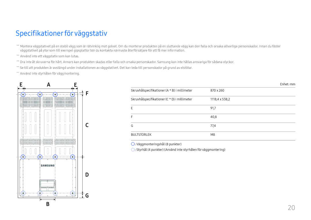 Samsung LH75OHFPLBC/EN manual Specifikationer förväggstativ 